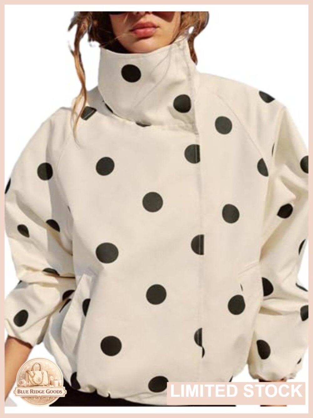 Polka Dot Bomber Jacket Funnel Neck Windbreaker Casual Cropped Coat